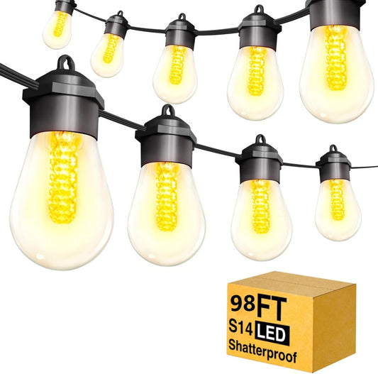 Garden lights Mains Powered, Festoon Lights Outside with 30M/98FT 35 Plastic Shatterproof Bulbs(S14) ,Outdoor String Lights Waterproof IP65 for Party Patio Christmas, 8 Light Modes, Warm White LED
