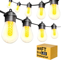 30M outdoor festoon lights strung across garden

