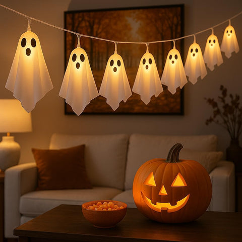 CNMTCCO Halloween Ghost String Lights – 10 LED Fabric Hanging Ghost Lights with 8 Lighting Modes, Warm White Battery Operated Halloween Decorations for Windows, Home & Parties