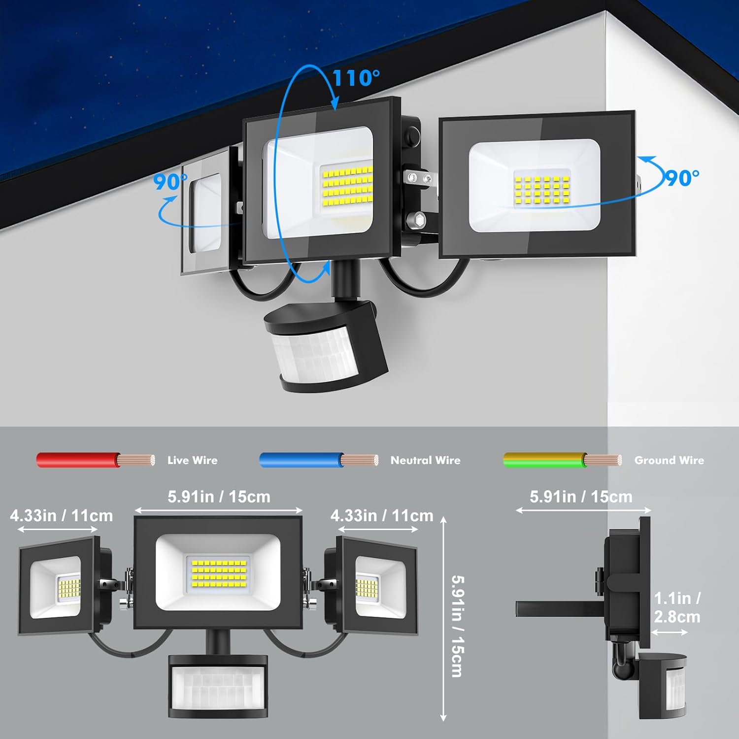 Outdoor floodlight with motion sensor and wiring diagram on a gray background