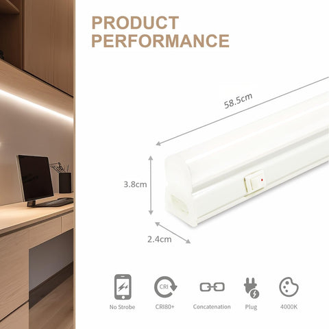 2-Pack T5 LED Under Cabinet Kitchen Lights 2ft 4000K – UK Plug, 9W Cool White with Individual On/Off Switches - Brighten Dark Worktops Without the Wiring Hassle
