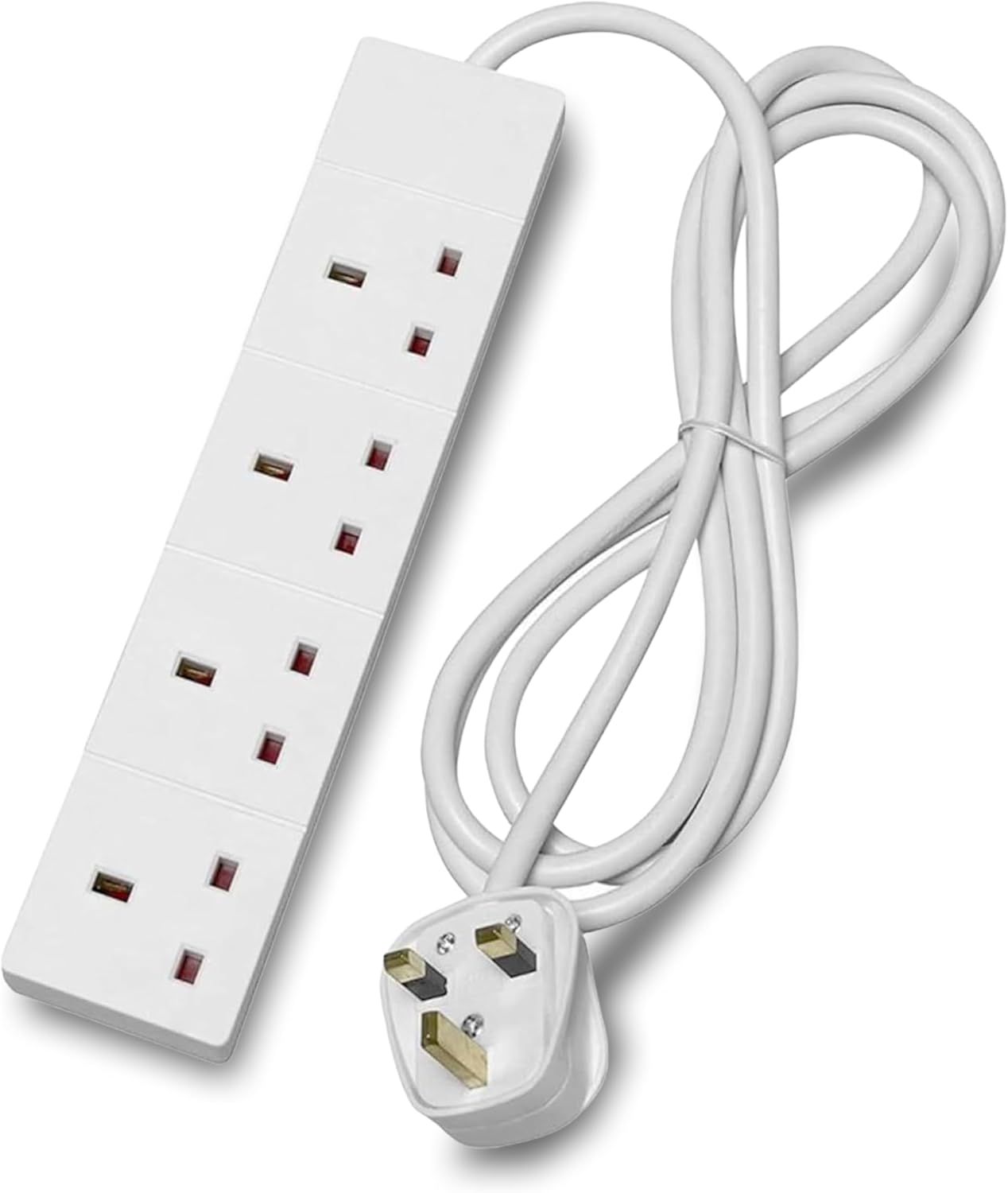 White power strip with multiple sockets and a coiled cable on a white background