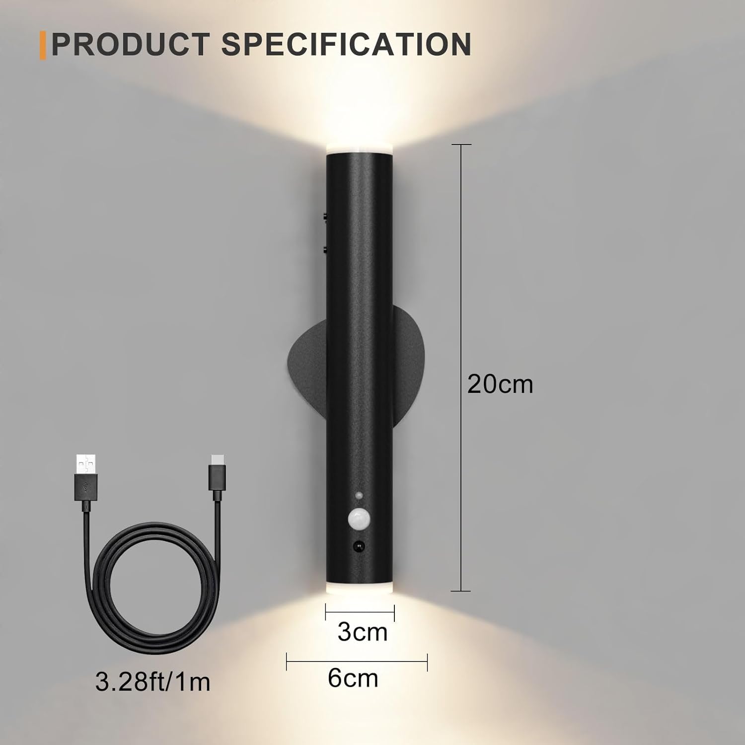 Black wall-mounted light fixture with cable and measurements on a gray background