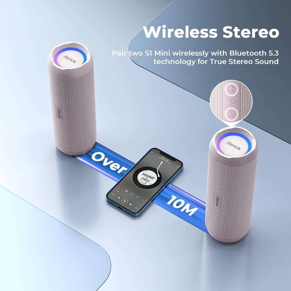 Two wireless speakers with a smartphone displaying 'Wireless Stereo' text on a blue gradient background.