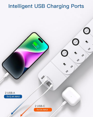1.8M 4 Way Extension Lead with 4 USB Ports (2 USB-C) – Surge Protection & Individual Switches for a Tidier Home and Workspace