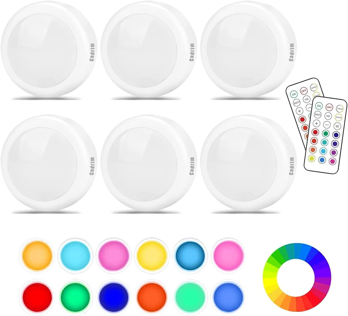 6-Pack RGB Wireless Under Cabinet LED Puck Lights with Remote Control, 13 Colours, Dimmable Brightness & Timer for Kitchen Cupboards, Wardrobes & Closets - Brighten the Dark Spots You Keep Missing