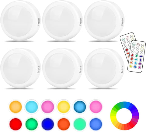 6-Pack RGB Wireless Under Cabinet LED Puck Lights with Remote Control, 13 Colours, Dimmable Brightness & Timer for Kitchen Cupboards, Wardrobes & Closets - Brighten the Dark Spots You Keep Missing