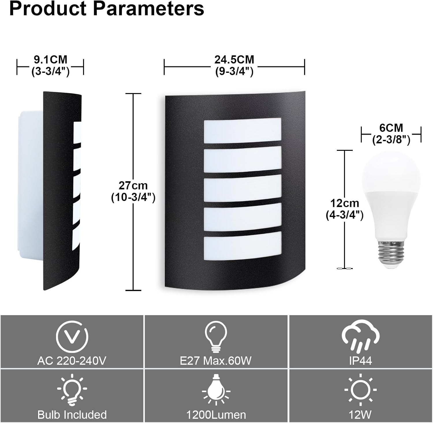 Wall-mounted outdoor light fixture with dimensions and product parameters on a white background