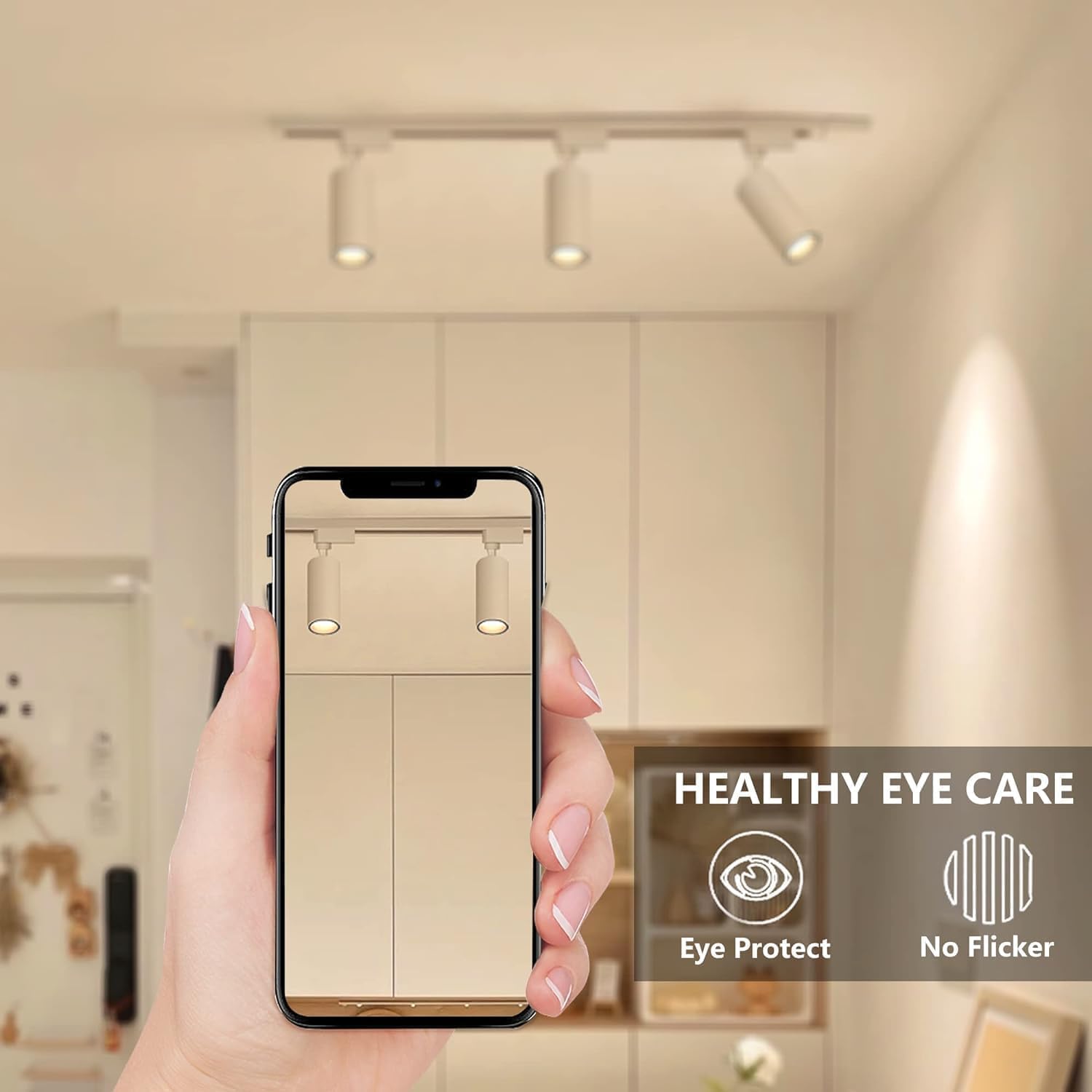 Hand holding a smartphone displaying a light fixture app with 'Healthy Eye Care' features on a blurred kitchen background.