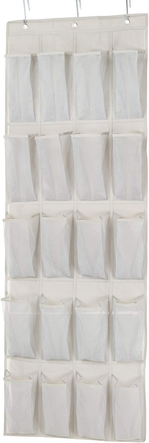 Basics Over Door Shoe Organiser, 20-Pocket Hanging Shoe Storage Rack, Grayish Tan Breathable Mesh with 3 Metal Hooks, Space-Saving Door Storage for Home
