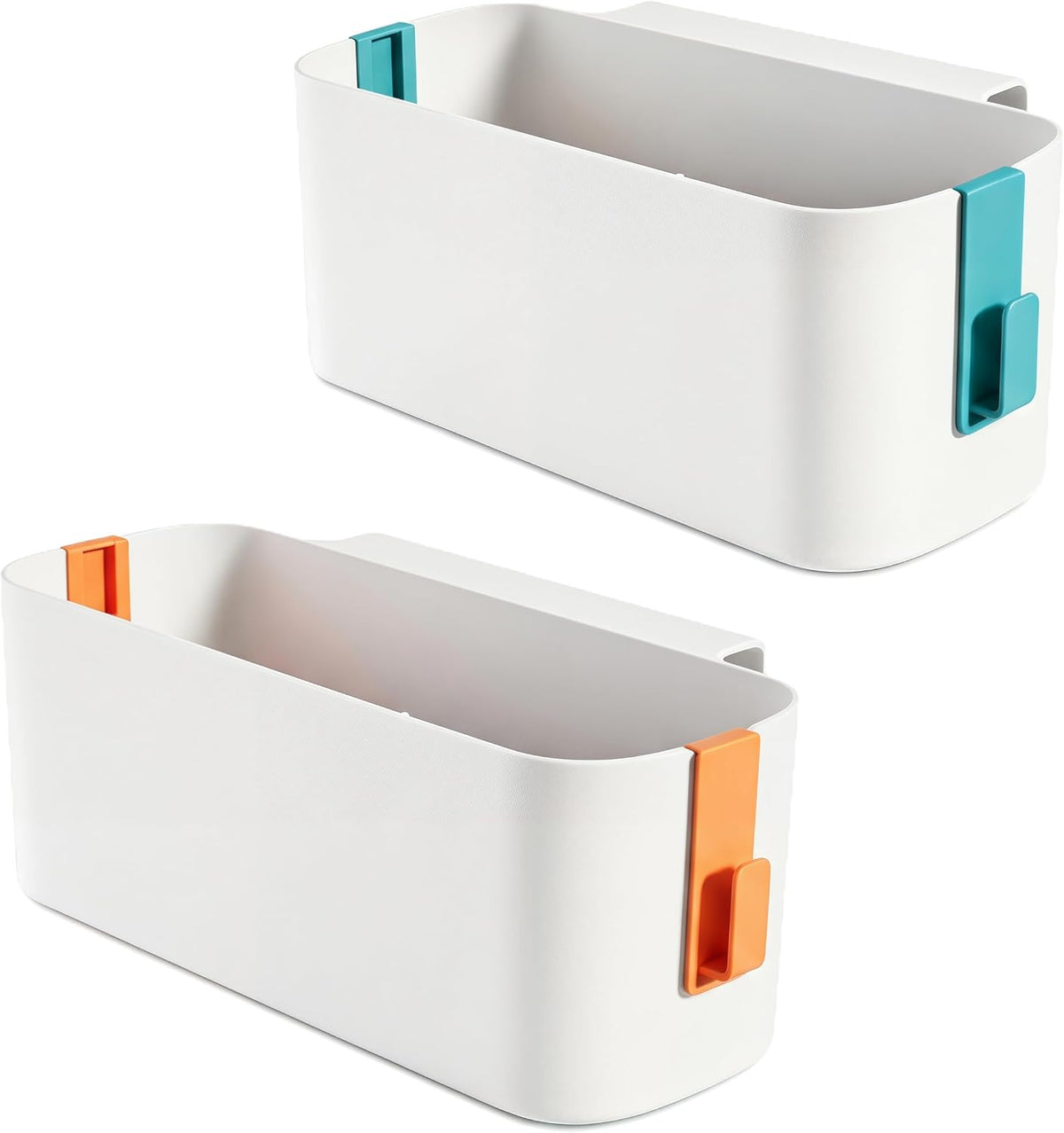 Lirynox 2-Pack Bedside Hanging Storage Baskets, Orange & Green ABS Plastic Bed Caddies with 4 Detachable Hooks, Tissue Holder & Space-Saving Organisers