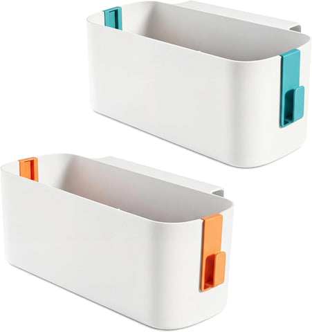 Lirynox 2-Pack Bedside Hanging Storage Baskets, Orange & Green ABS Plastic Bed Caddies with 4 Detachable Hooks, Tissue Holder & Space-Saving Organisers