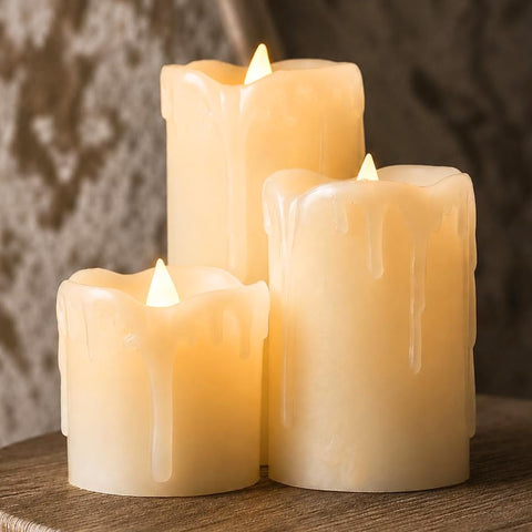 Festive Lights Set of 3 Real Wax Flameless LED Pillar Candles – Warm White Flickering Battery Operated Candles with Dripping Wax Effect for Home, Weddings & Events