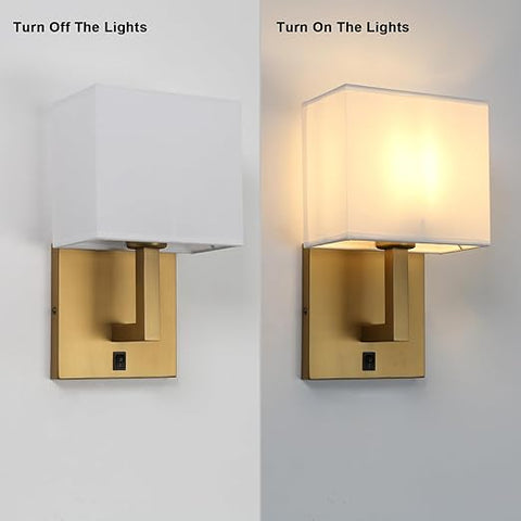 White Linen Wall Sconce - Set of 2 Fabric Wall Lights with Switch Design