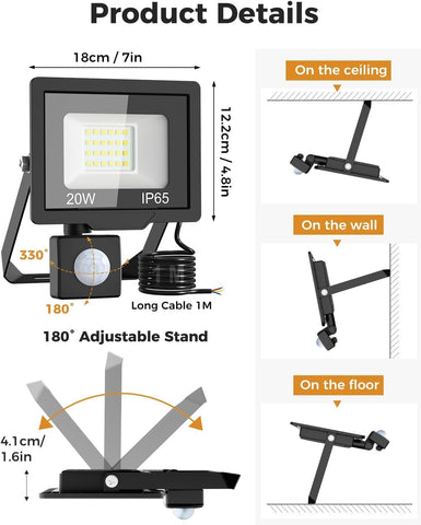 20W Motion Sensor Outdoor Security Light, IP65 PIR LED Floodlight