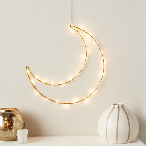 Gold Ramadan Light Up Moon Hanging Decoration – Warm White LED Battery Operated with Timer 30cm