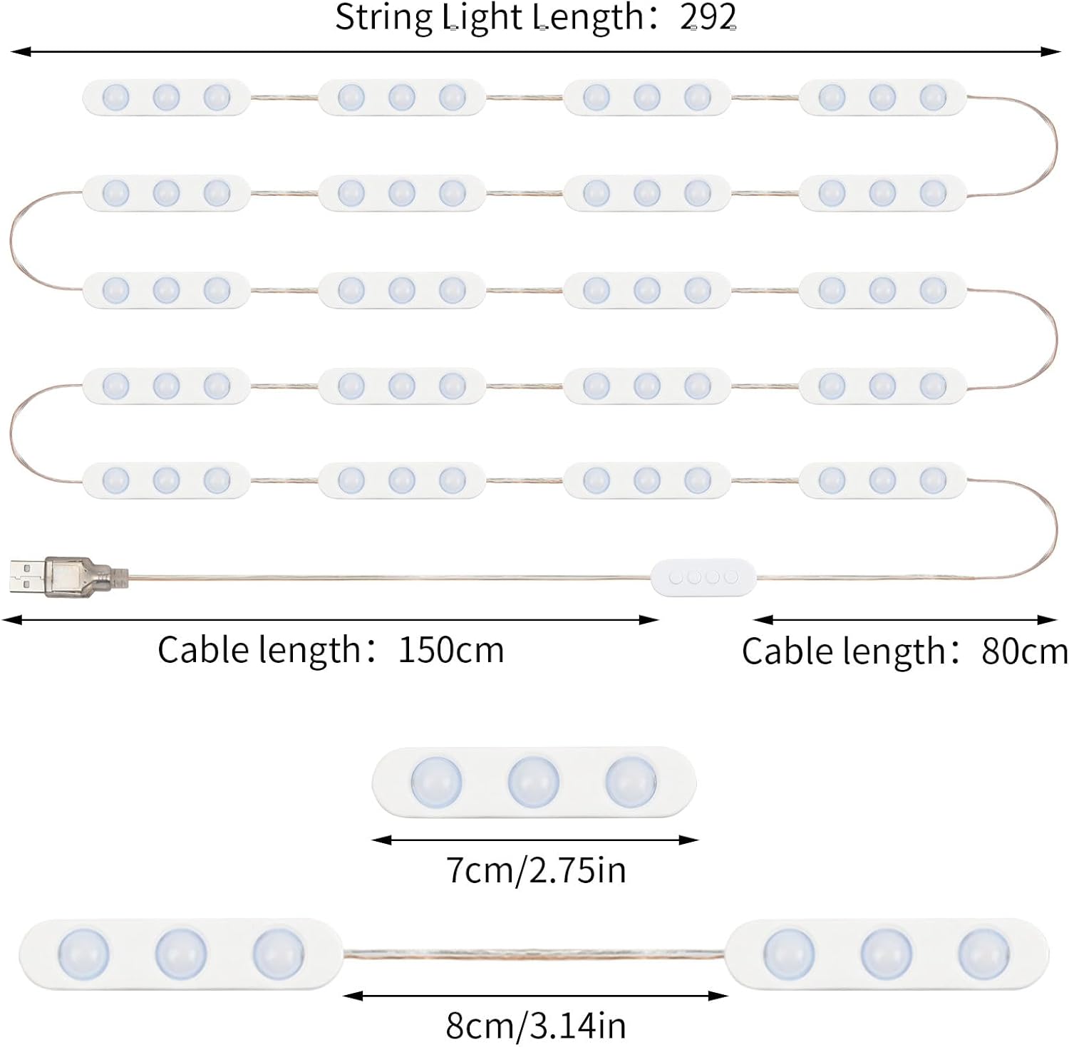 LED strip light with measurements on a white background