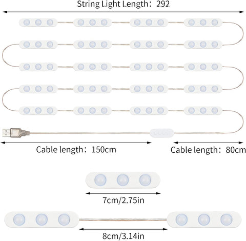 LED strip light with measurements on a white background