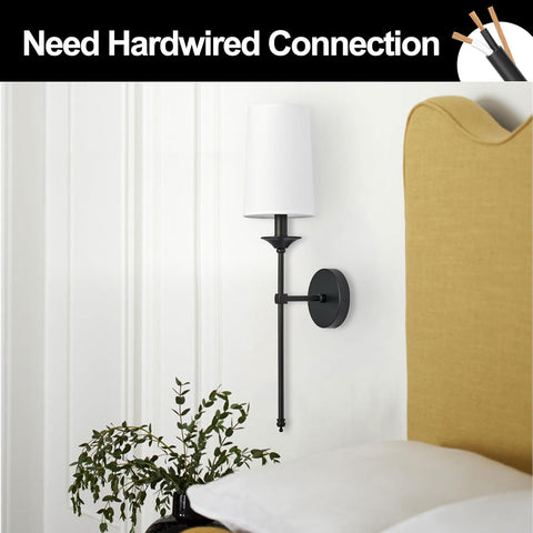Hardwired Wall Light Set of 2 Vintage Black Candlestick Wall Sconces with Fabric Shade, Vintage Farmhouse Lighting for Bathroom Living Room Bedroom Dining Hallway
