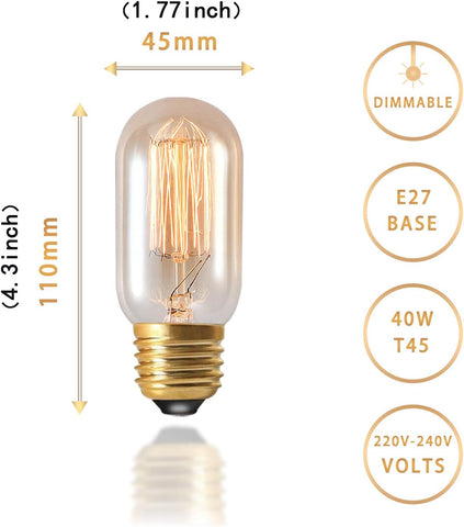 Vintage-style light bulb with dimensions and specifications on a white background