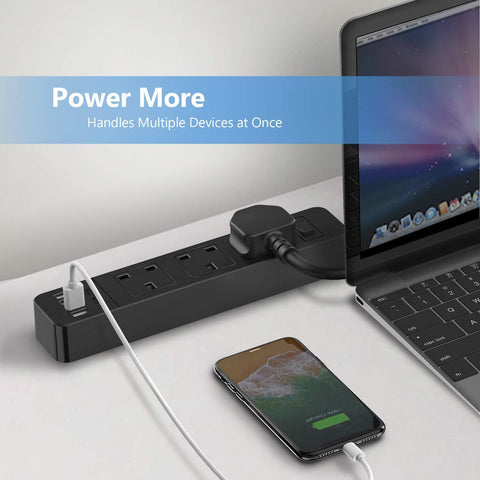 JSVER Extension Lead with 3 UK Socket Outlets, 4 USB Ports & 2m Cable – Black Desktop Power Strip for Home and Office, Keep Your Everyday Devices Charged Without the Cable Chaos