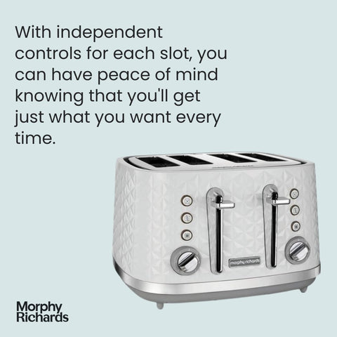 Vector 4 Slice Toaster – High Gloss Geometric Design, Variable Browning, Defrost & Reheat Functions, Removable Crumb Tray, White