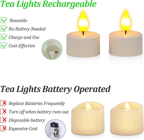 Rechargeable LED Tea Lights Set of 6, Flameless Electric Candles with USB-C Charging, Remote Control & Timer for Home, Bedroom & Festive Décor