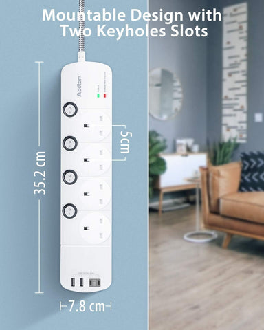 1.8M 4 Way Extension Lead with 4 USB Ports (2 USB-C) – Surge Protection & Individual Switches for a Tidier Home and Workspace