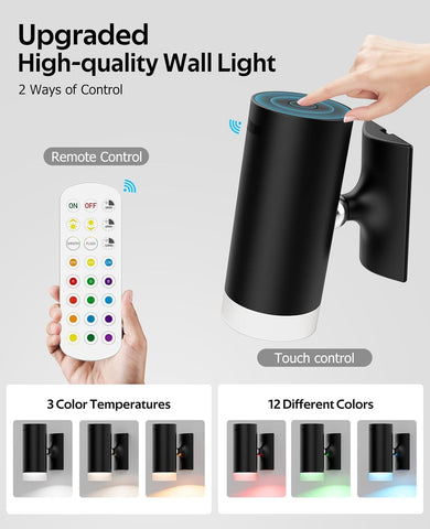 Battery Operated Wall Lights 2 Pack Rechargeable Wall Lights Indoor Touch Dimmable with Remote Control,Magnetic Wall Sconce Lights Battery Black Wireless LED Decor Lighting 3000mAh