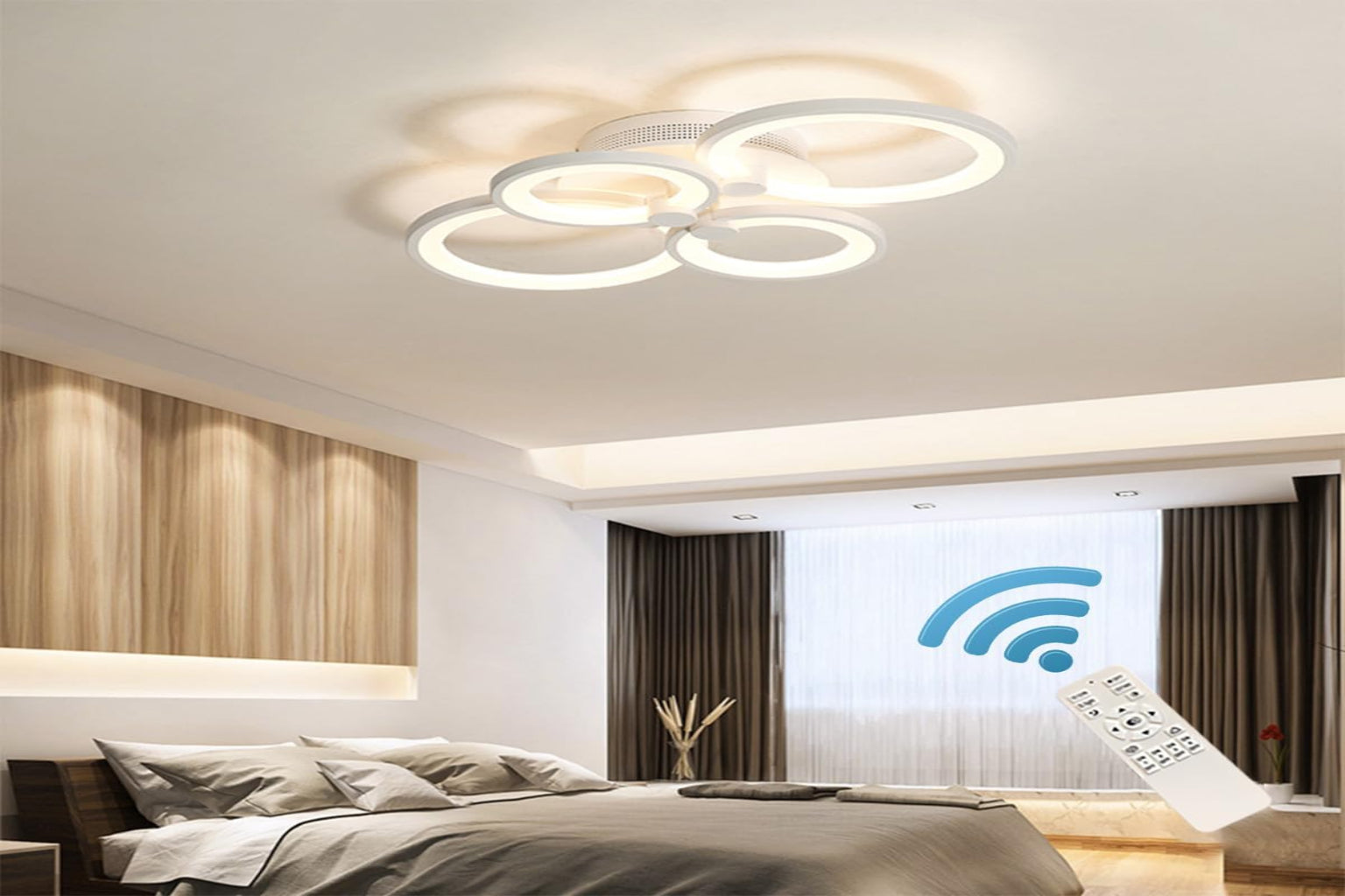 Modern bedroom with a ceiling light fixture and remote control, featuring a Wi-Fi symbol.
