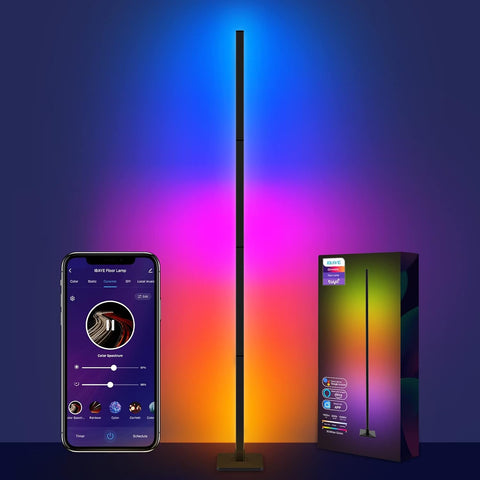 Smart LED floor lamp with RGB lighting in a modern living room.

