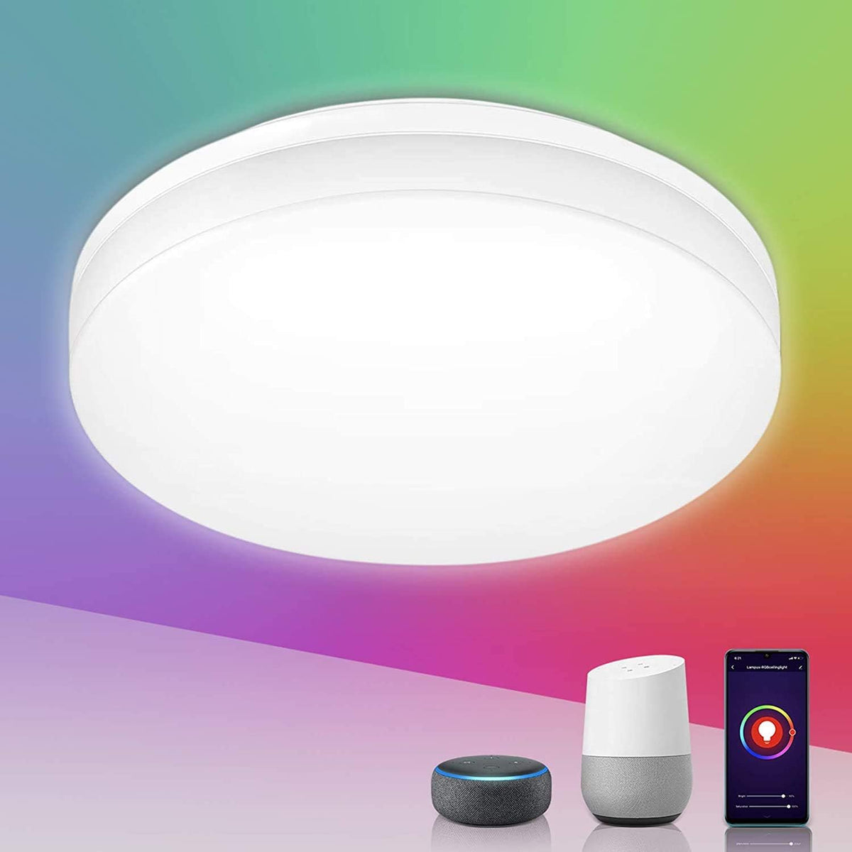 Smart LED Ceiling Light Dimmable, RGB Colour Changing Ceiling Light, App or Voice Control, IP54 Waterproof Bathroom Light, 15W 1250lm, Warm to Cool White Tunable, Work with Alexa and Google Home