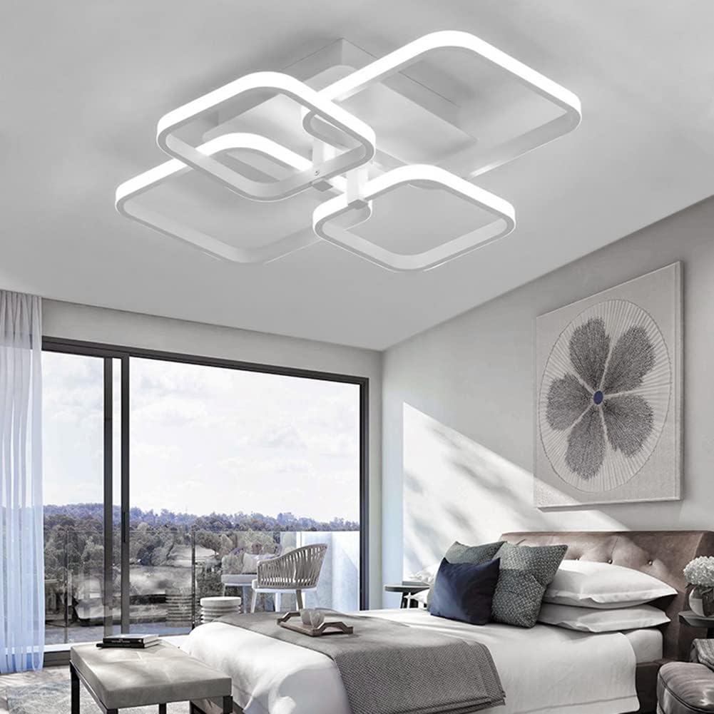 Modern bedroom with ceiling lights and a large window