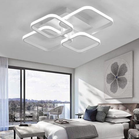 Modern bedroom with ceiling lights and a large window