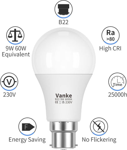 60W Equivalent B22 LED Bulb Cool White 6000K 9W (3 Pack)