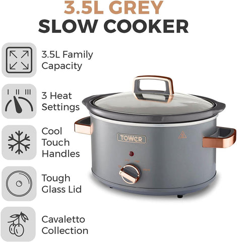 Cavaletto 3.5L Grey & Rose Gold Slow Cooker | 3 Heat Settings, Removable Pot, Cool Touch Handles – Family Size 4–5 People