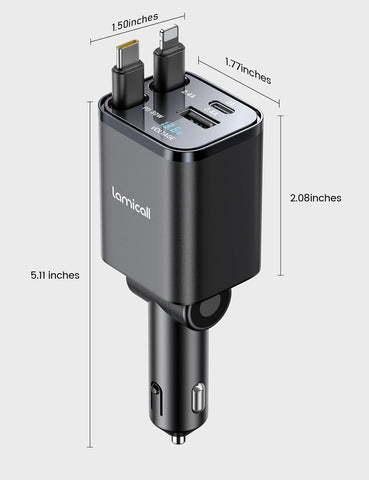 Lamicall 4-in-1 Retractable Car Charger Adapter 69W USB-C & USB-A
