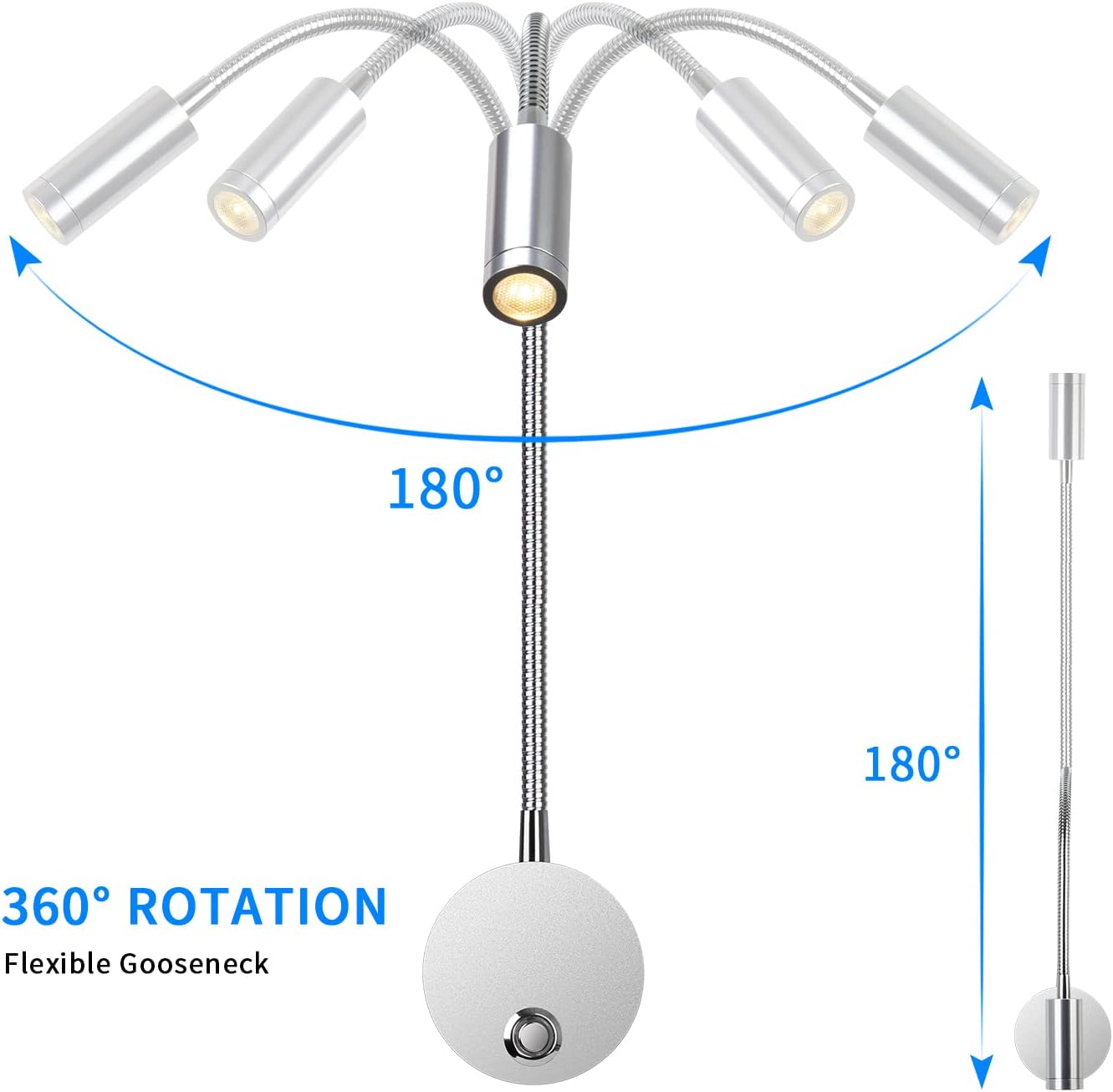 Ceiling light fixture with flexible gooseneck and 360-degree rotation capabilities on a white background.