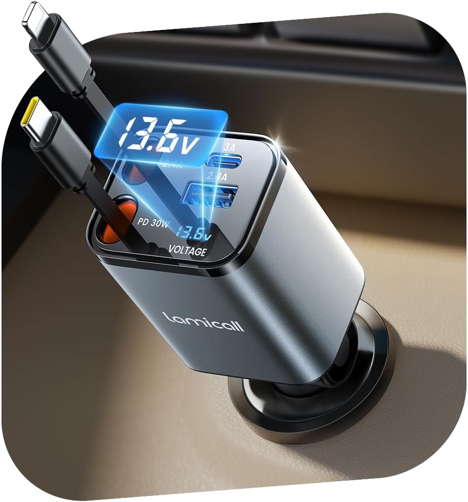 Lamicall 4-in-1 Retractable Car Charger Adapter 69W
