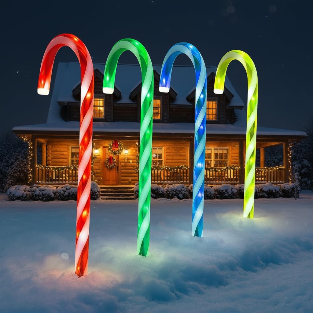 Christmas Set of 4 Candy Cane Red & White Light Up 50cm Stakes Garden Path Patio 40 LEDs Outdoor Indoor Festive Lighting Novelty Xmas Pathway Decorations (Multi-Coloured)