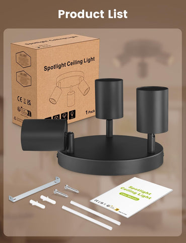 Black spotlight ceiling light with packaging, components, and user manual on a brown background