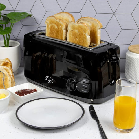 4 Slice Black Toaster – Extra Wide Long Slots for Crumpets & Bagels – 6 Browning Settings – Reheat & Defrost Function
