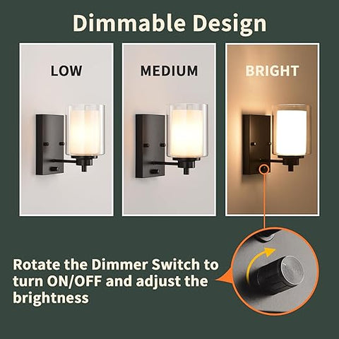 Pack of 2 Industrial Dimmable Wall Sconce - Matte Black with Rotary Dimmer Switch