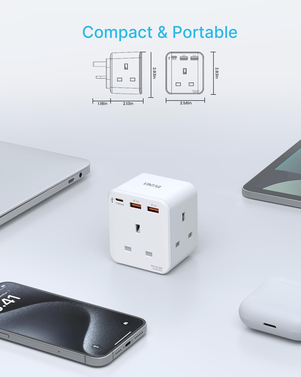 Compact and portable adapter with dimensions on a light gray background