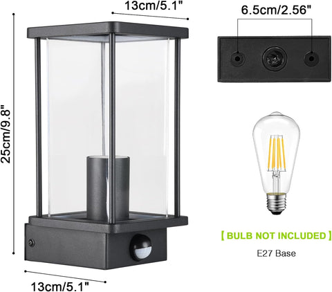 Outdoor wall light fixture with dimensions and bulb information on a white background