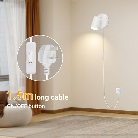 White Plug In Wall Light GU10 Rotatable with Switch