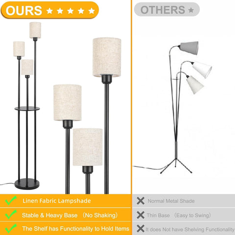 Comparison of a floor lamp with linen fabric lampshade and stable base to another with normal metal shade and thin base.