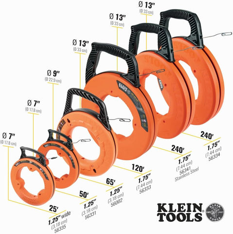 Klein Tools 25FT Steel Fish Tape 1/4 Inch Spring Steel Cable Puller with Laser Etched Markings Slim Tip Electrical Conduit Tool UK