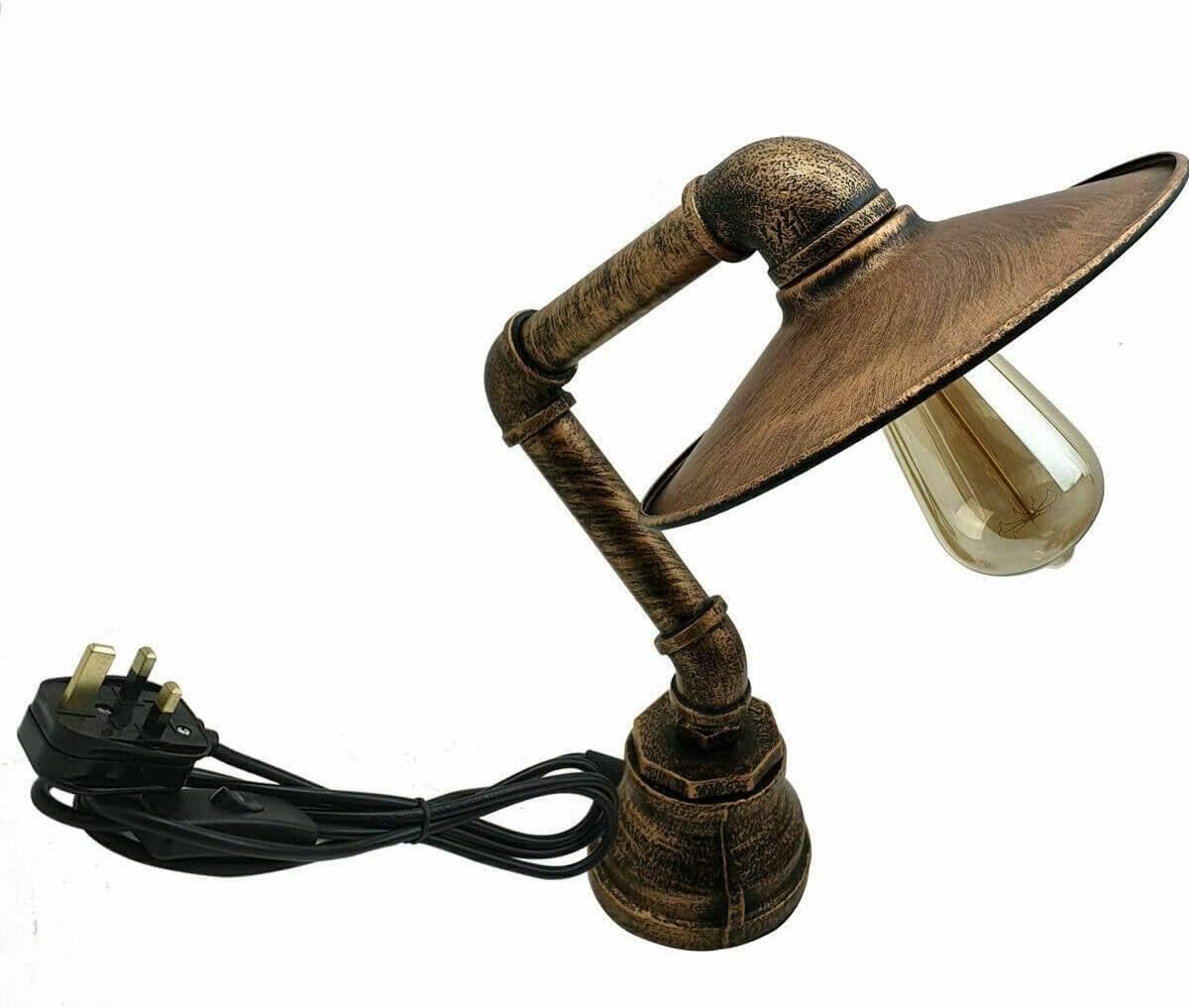 Vintage Steampunk Pipe Table Lamp – Brushed Copper E27 Industrial Desk Light with Metal Lampshade & Inline Switch