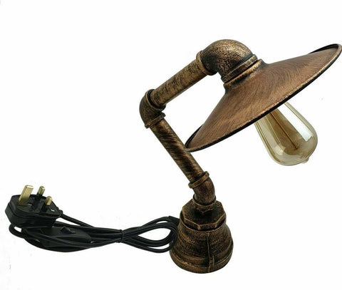 Vintage Steampunk Pipe Table Lamp – Brushed Copper E27 Industrial Desk Light with Metal Lampshade & Inline Switch